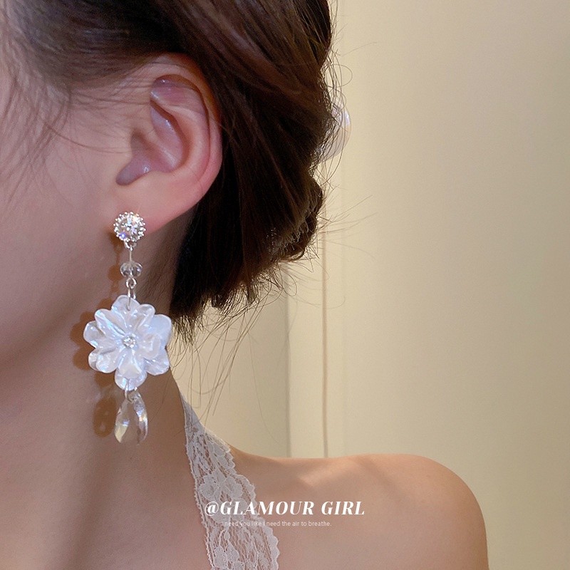 Bông Tai Mạ Bạc Dáng Dài Hình Hoa Trà Đính Kim Cương Giả Phong Cách Hàn Quốc