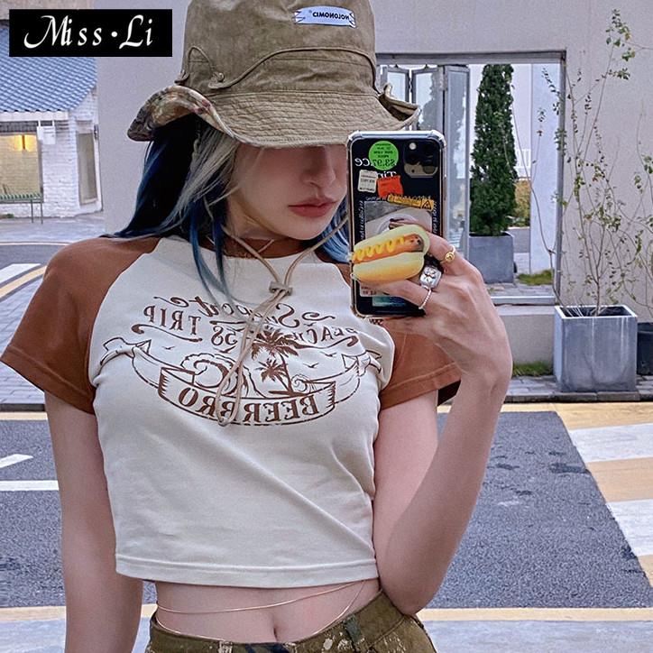 Áo Thun Ngắn Tay Ôm Dáng Phối Màu Sắc Tương Phản Phong Cách Retro Mỹ Thời Trang Mùa Hè Cho Nữ