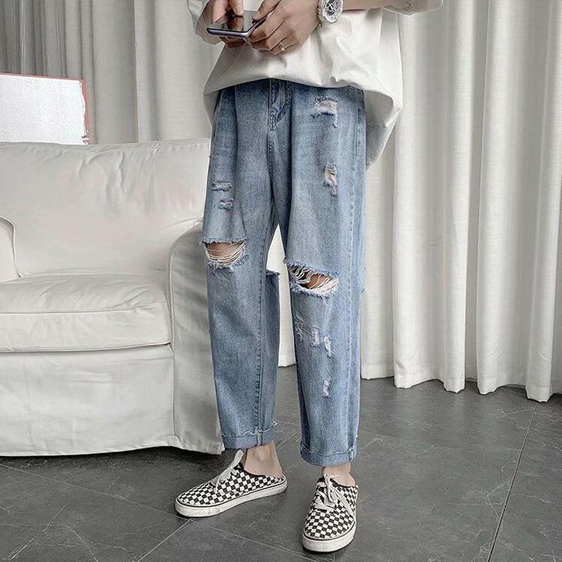 Ripped jeans men's trendy brand straight loose summer ultra-thin beggar nine-point long pants men's Korean version of the trend