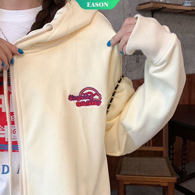 Áo khoác cardigan mỏng dáng rộng màu vàng nhạt in họa tiết có khóa kéo thời trang mùa thu cho nữ