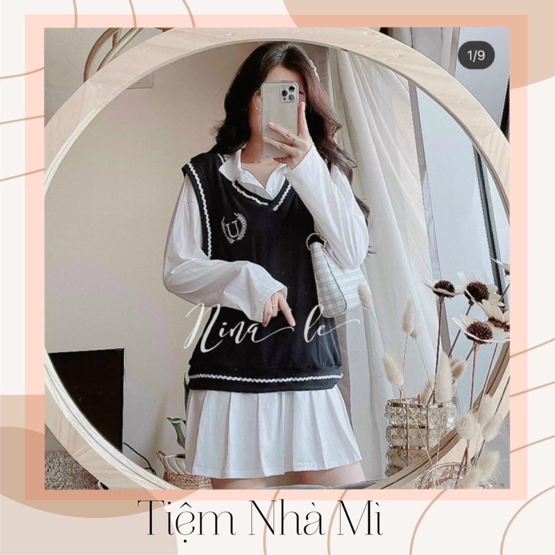 SẴN - Set Đầm Sơmi Chân Váy Xếp Ly Mix Áo Gile Chất Len Gân Viền Trắng Thêu Logo