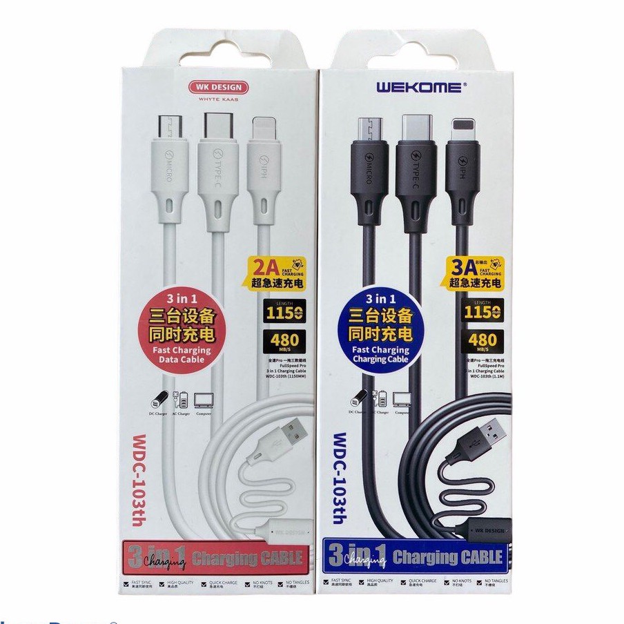 Cáp sạc 3 đầu type c iphone micro usb chính hãng 3in1 Remax WK WDC - 103 FULL BOX