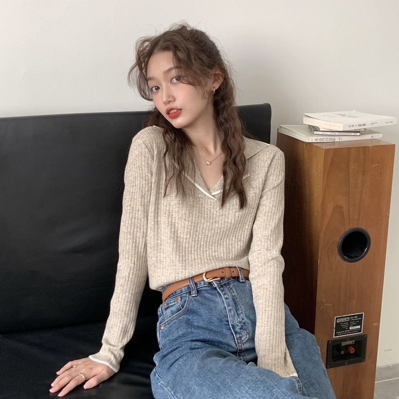 【ZHELIHANGFEI】Áo Sweater Tay Dài Cổ POLO Dáng Rộng Lưng Cao Dễ Phối Đồ