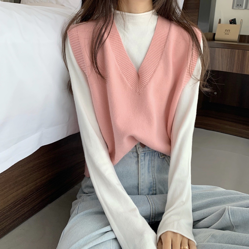 Áo sweater gile cổ trái tim bằng cotton mịn xinh xắn