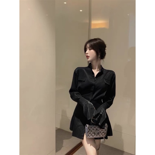 Đầm đen sơ mi chất lụa ánh | Myung official