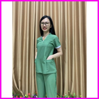 Bộ Scrubs NỮ cổ V cao cấp màu XANH VỎ ĐẬU - Bộ quần áo bác sĩ, y tá, điều dưỡng, đồng phục Spa