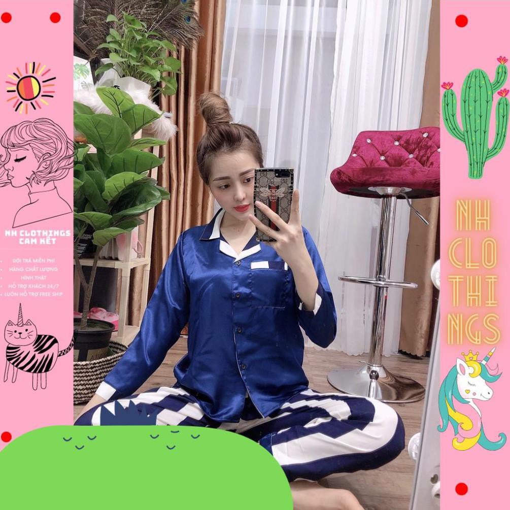 Bộ đồ mặc nhà, bộ đồ ngủ nữ Pijama phi lụa phối tay dài, quần dài free Size 40kg đến 60kg NH CLOTHINGS