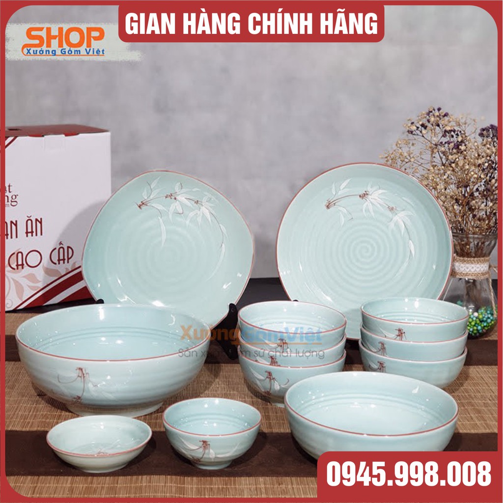 [sale rẻ] Bộ bát đĩa 12 món men xanh vẽ trúc gồm 6 chén,2 đĩa,2 tô,2 chén gia vị- setup bàn ăn sang trọng và tính tế-XGV