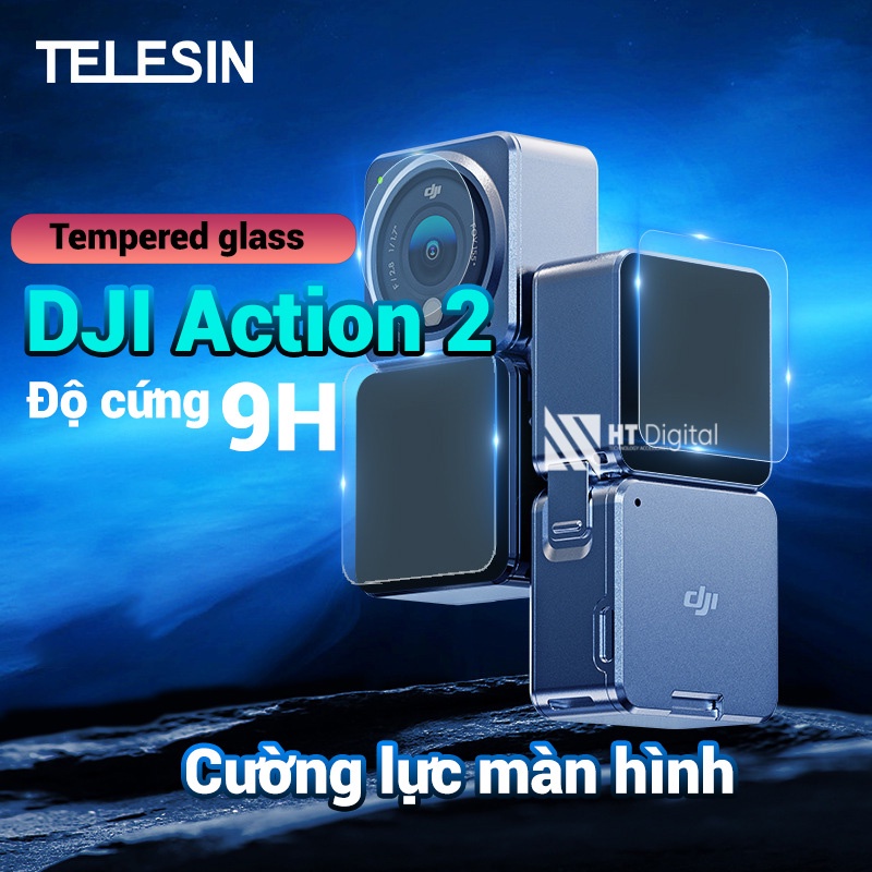 Bộ miếng dán màn hình cường lực TELESIN dành cho DJI Action 2, chống va đập, bảo vệ màn hình và ống kính