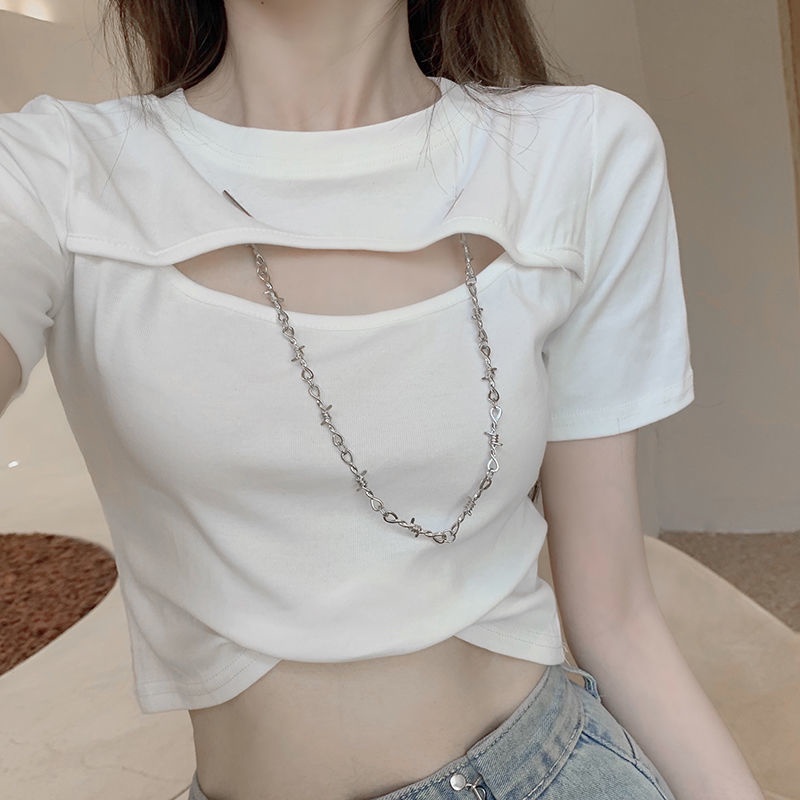 Jiashucheng Áo Thun Ngắn Tay Ôm Dáng Phối Dây Xích Rỗng Kiểu Hàn Quốc Mùa Hè Cho Nữ