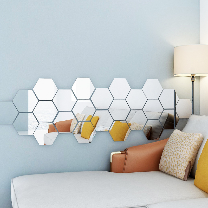 12 Miếng dán tường acrylic tráng gương hình lục giác 3d độc đáo