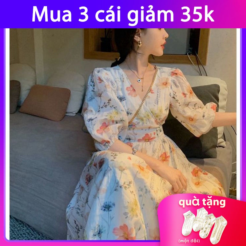Đầm dáng dài vừa tay ngắn cổ chữ V thắt dây ở eo in họa tiết hoa 2022 thời trang mùa hè mới xinh xắn