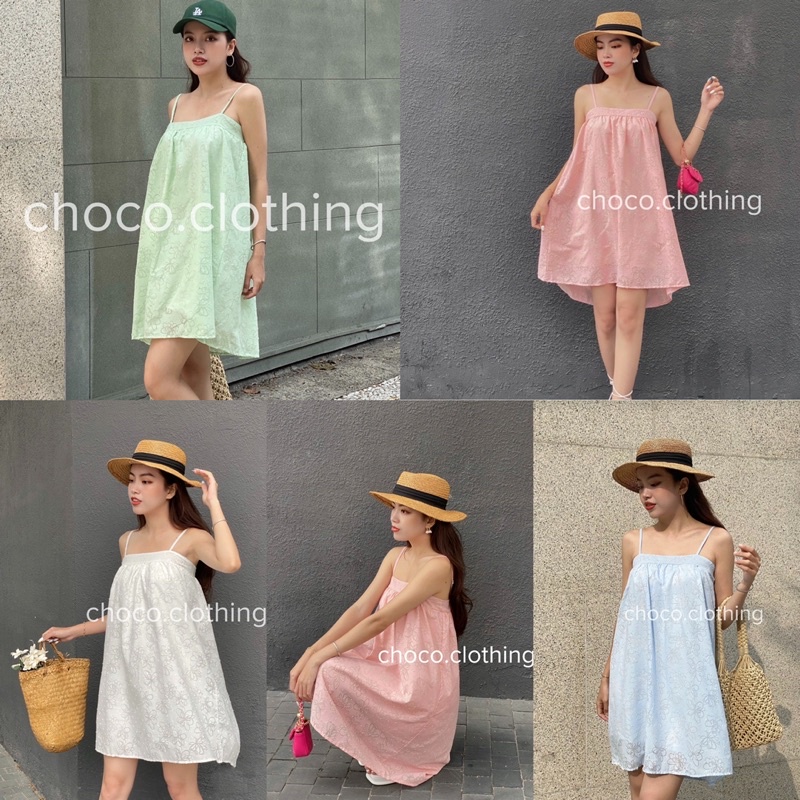 Đầm 2 dây - váy 2 dây nơ lưng dáng xoè đi biển hoạ tiết hoa chìm cao cấp