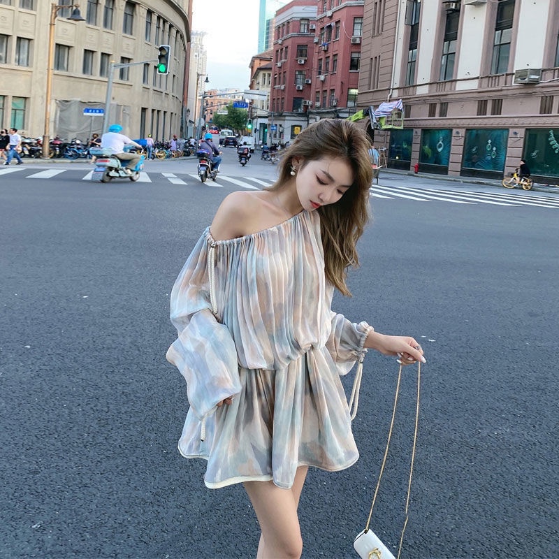 Đầm Ngắn Trễ Vai Thiết Kế Xếp Ly Thời Trang Xuân Hè Cho Nữ