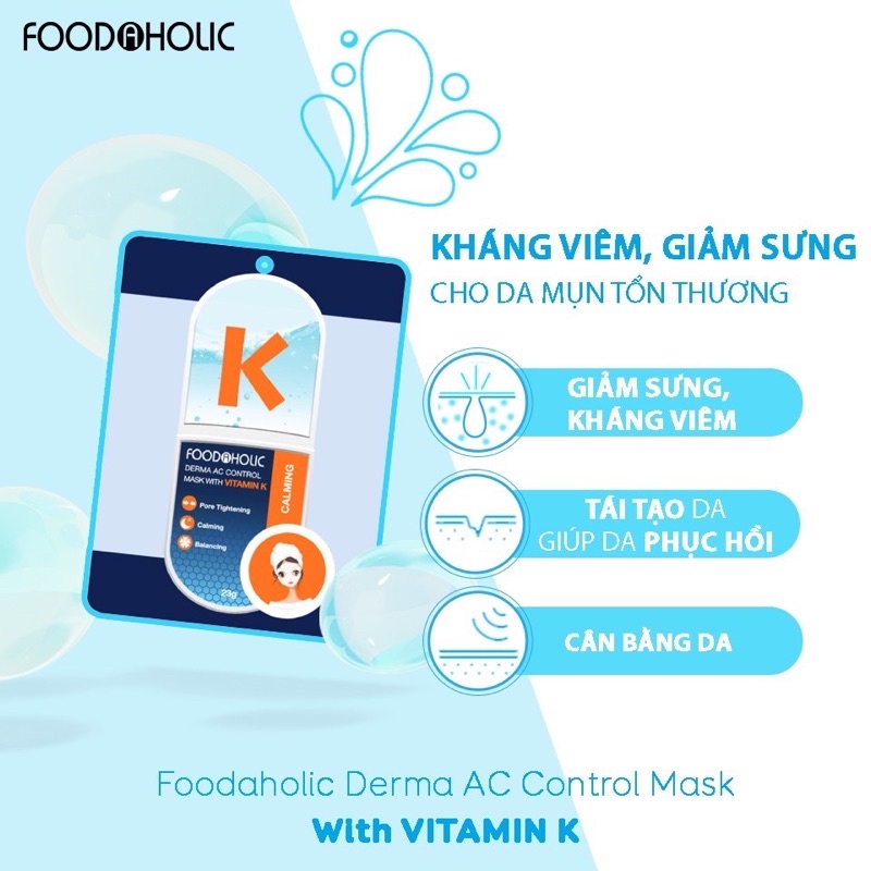 Combo 5 miếng Mặt Nạ Làm Dịu Giúp Da Thư Giãn Chiết Xuất Vitamin K Foodaholic Derma AC Control Mask 23gx5 - VITAMIN K