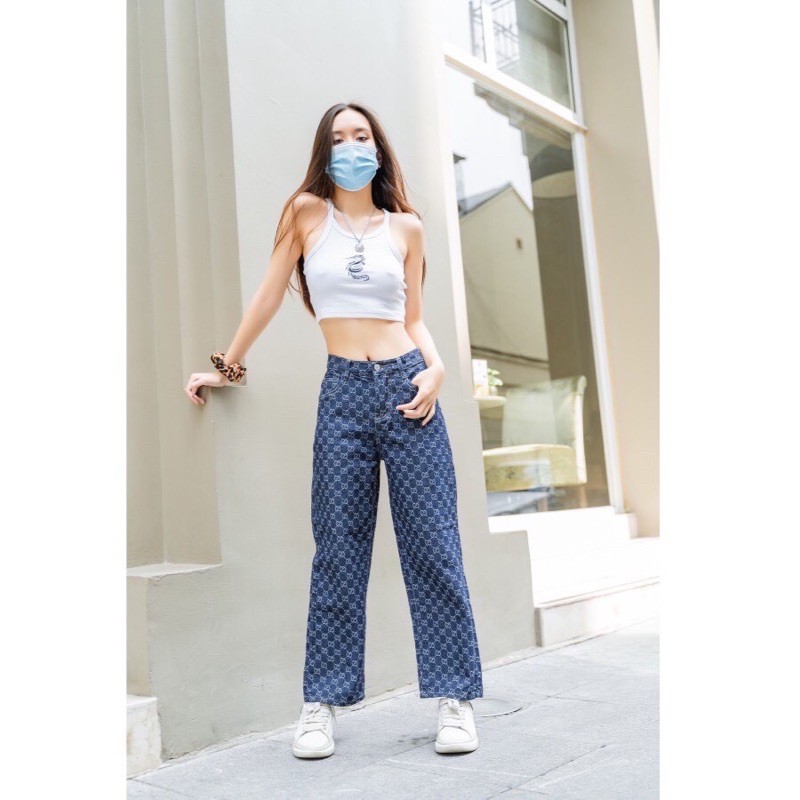 🔥HOT HIT - Hàng Có Sẵn 🔥 Quần Jeans Ống Đứng In Họa Tiết Phong Cách Hàn Quốc Size S-2Xl Cho Nữ Quần LV ống rộng