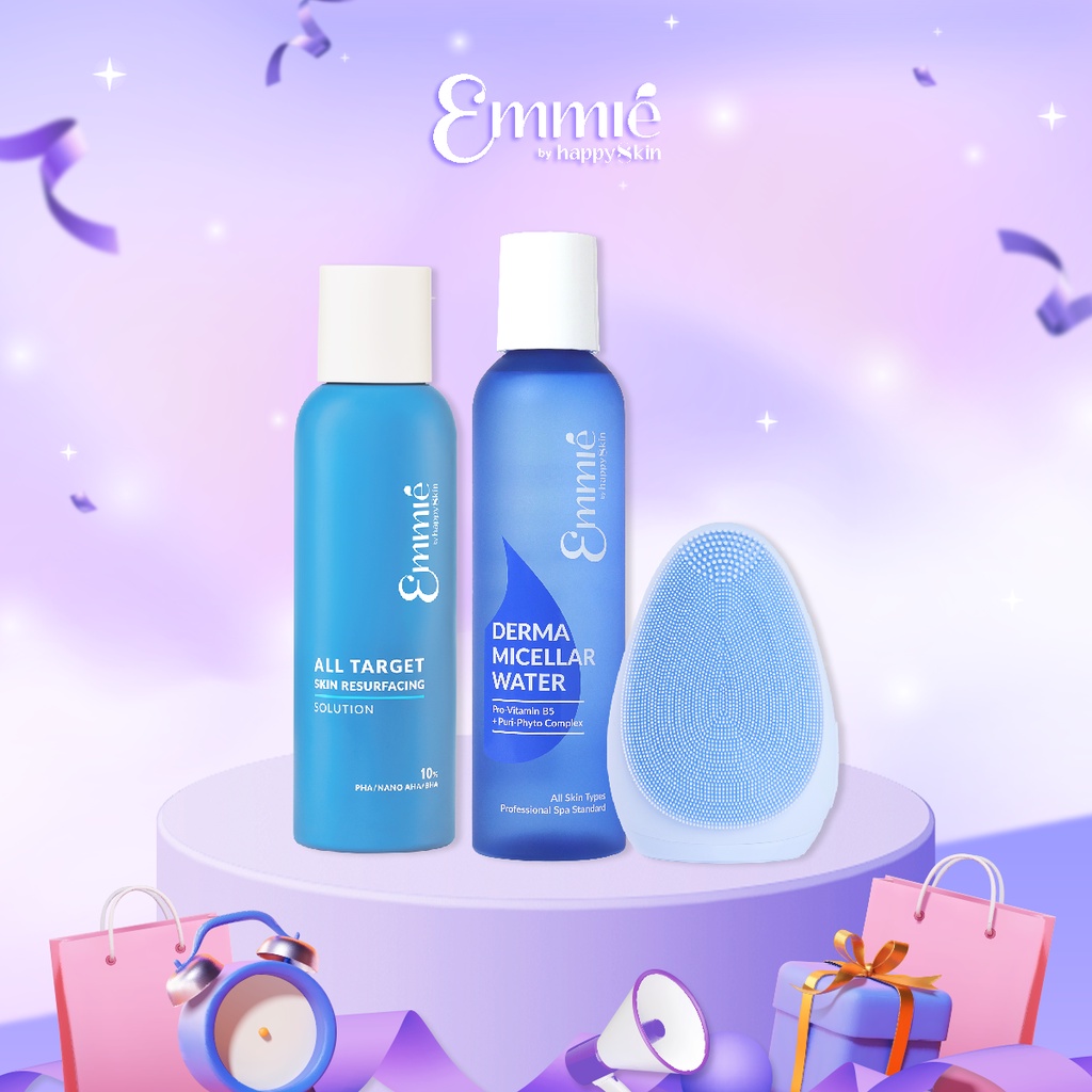 Combo Làm sạch &amp; thu hẹp lỗ chân lông: Máy rửa mặt + Tẩy trang 250ml + Toner hoặc nước thần 230ml Emmié by HappySkin