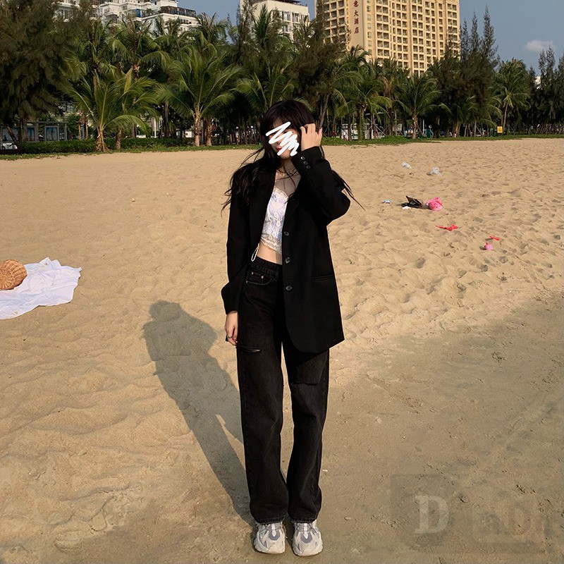 Quần Jeans Nữ Lưng Cao Ống Rộng Cá Tính