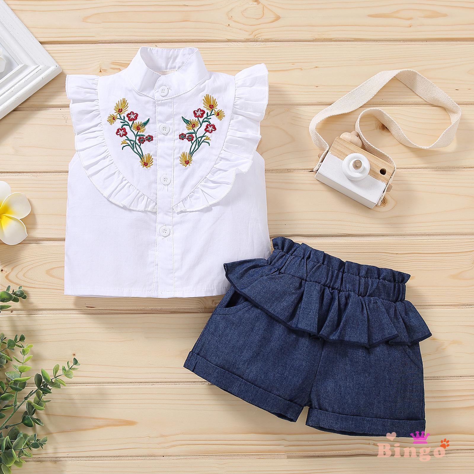 Set Áo Sơ Mi Thêu Hoa + Quần Short Jeans Đáng Yêu Cho Bé Gái