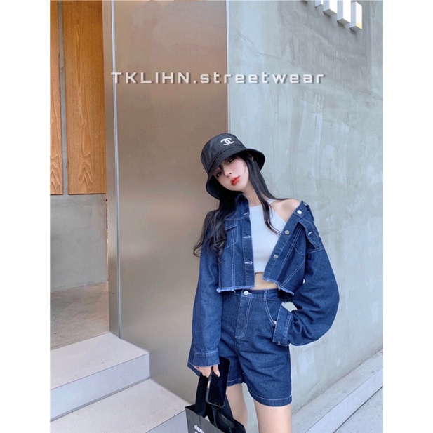 TKLIHN Set khoác jeans ULZZANG Áo khoác jeans rách croptop + quần short jeans HOT FASHIONITA 2021