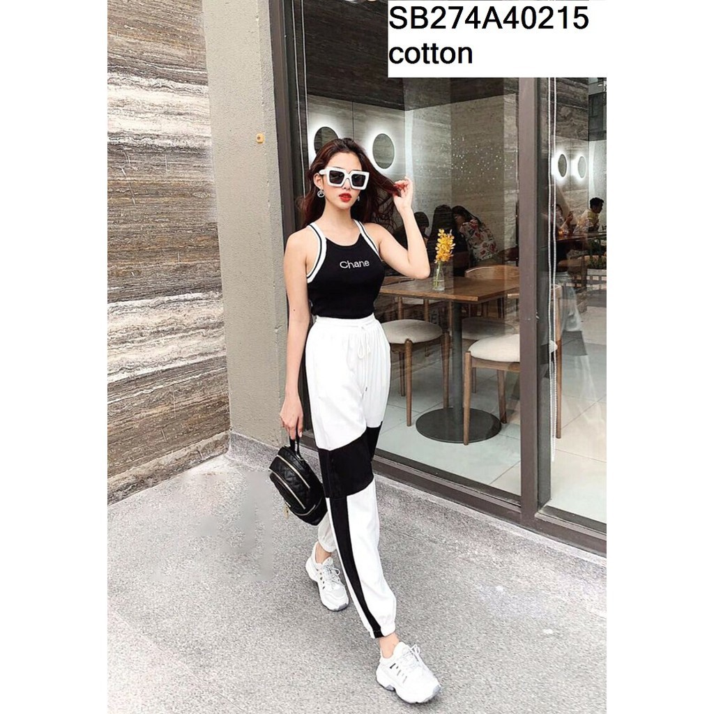 Set bộ nữ quần dài phối áo 2 dây in chữ [hàng sẵn giao nhanh]