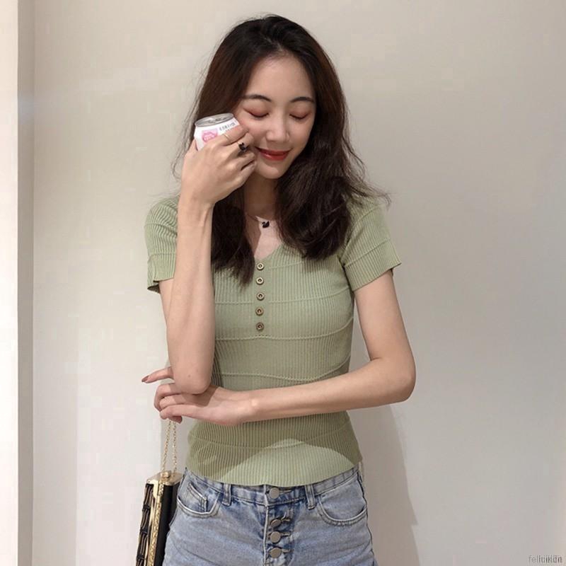 Áo dệt kim tay ngắn phối nút cổ chữ v thanh lịch hợp thời trang