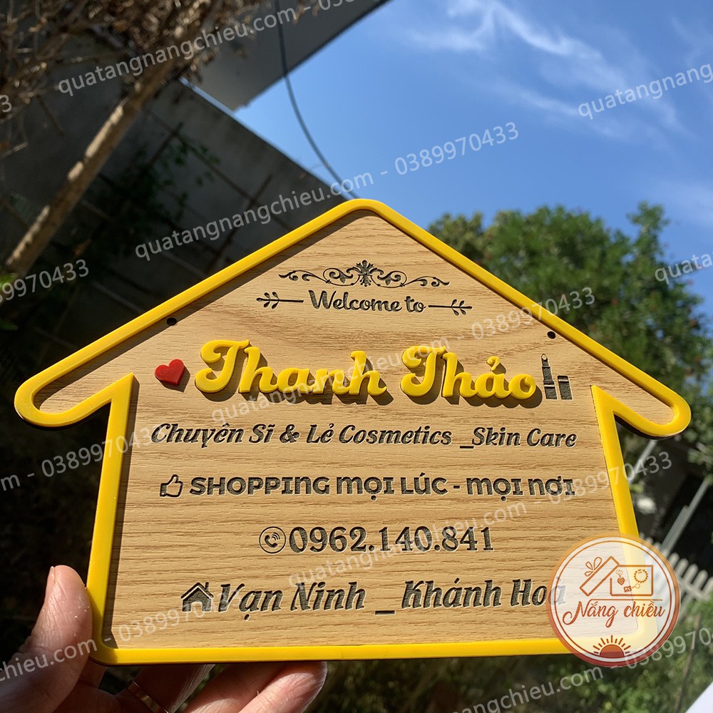 Bảng hiệu dành cho shop sỉ &amp; lẻ mỹ phẩm, skin care, chất liệu gỗ an toàn , hình ngôi nhà