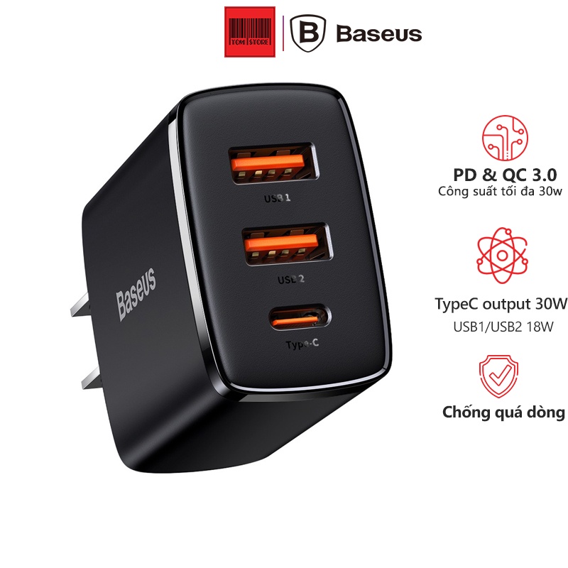 Củ sạc nhanh 30W Baseus Compact Quick Charger tích hợp 3 Cổng Sạc Nhanh 1 Type C và 2 USB
