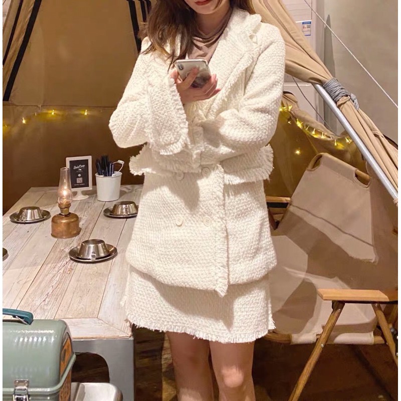 Set áo khoác vest dạ tweed và chân váy ngắn dạ tweed