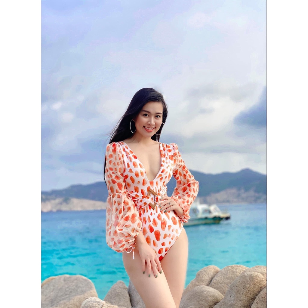 TEA STORE Bikini Một Mảnh Họa Tiết Cam Nhạt