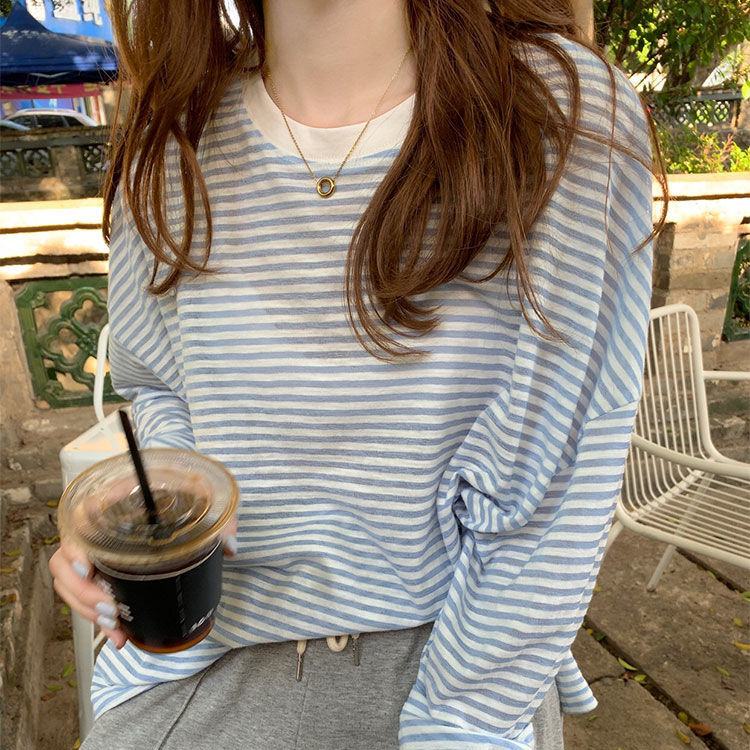 Áo Thun Tay Dài Dáng Rộng Họa Tiết Kẻ Sọc Ngang Phong Cách Hàn Quốc Thời Trang Mùa Thu Cho Nữ