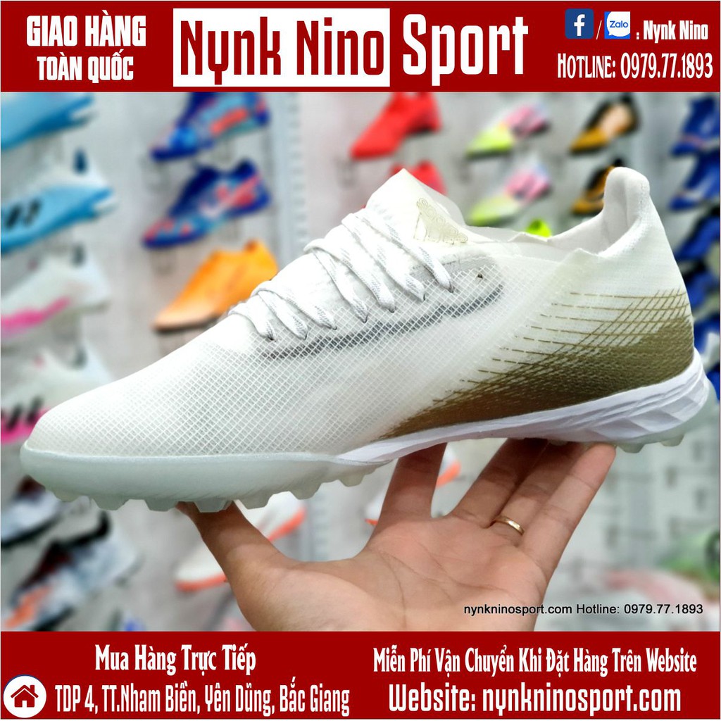Giày Bóng Đá Adidas X Ghosted.1 Trắng Vạch Vàng Đồng TF