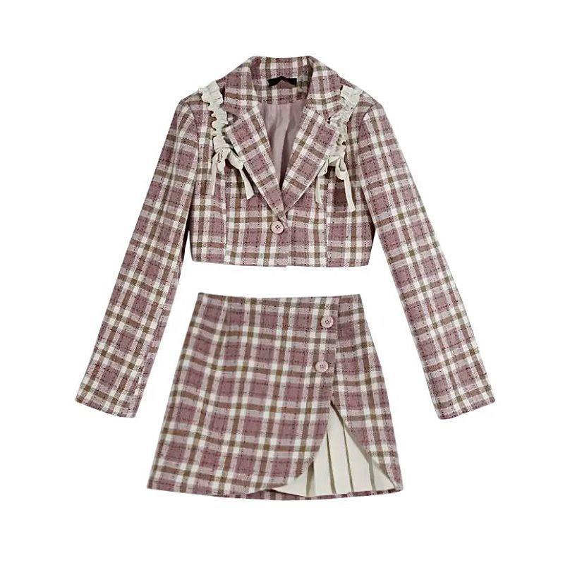 Set Áo Khoác Vest Kẻ Sọc Caro Hồng + Chân Váy Len Xếp Ly Thời Trang Cho Nữ