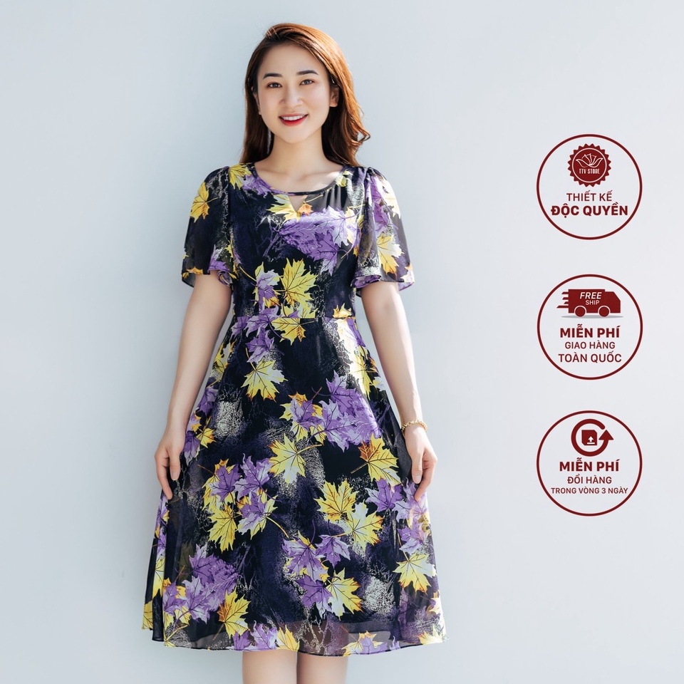 Đầm xoè trung niên dự tiệc cao cấp TTV1105 TTV Store thiết kế cổ tròn khoét V tay cánh tiên màu đen tím
