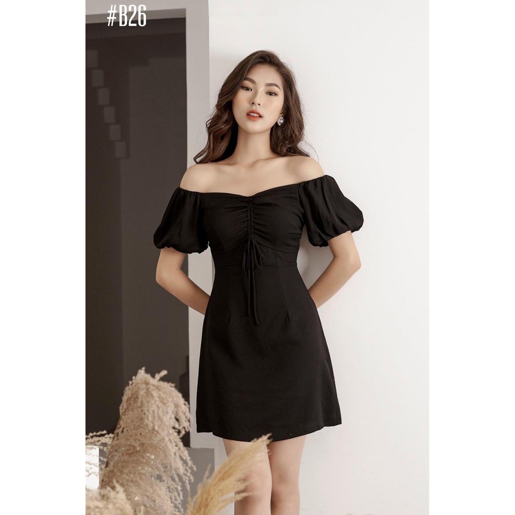 Đầm Xòe Tay Phồng Nhún Ngực Thanh Lịch Màu Đen