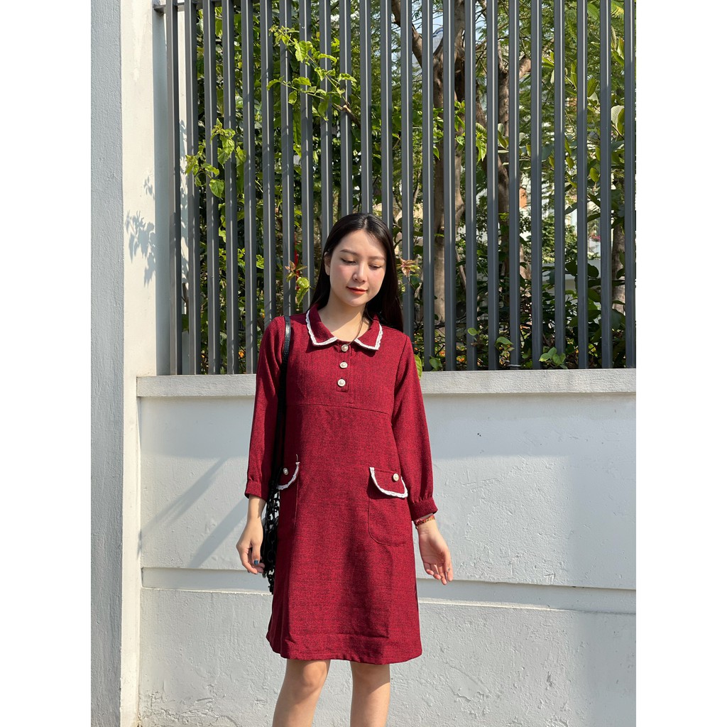 Váy bầu bigsize - Đầm bầu thiết kế GuMe Dạ Đỏ Phối Viền Ren size từ 40-100kg MB199 - ảnh thật