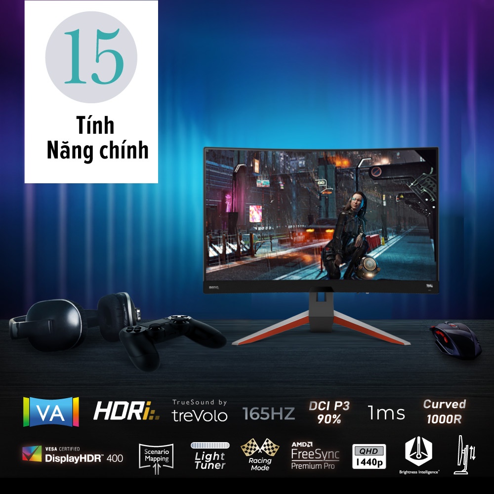 Màn hình cong BenQ MOBIUZ EX2710R 27 &quot;2K QHD 1ms 165Hz HDRi 1000R FreeSync chân đế điều chỉnh độ cao loa tích hợp