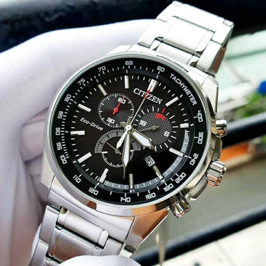 Đồng hồ Nam Citizen Chronograph AT2370-55E Eco Drive Mặt đen,6 Kim,Lịch ngày-Năng lượng ánh sáng-Dây kim loại-Size 42mm