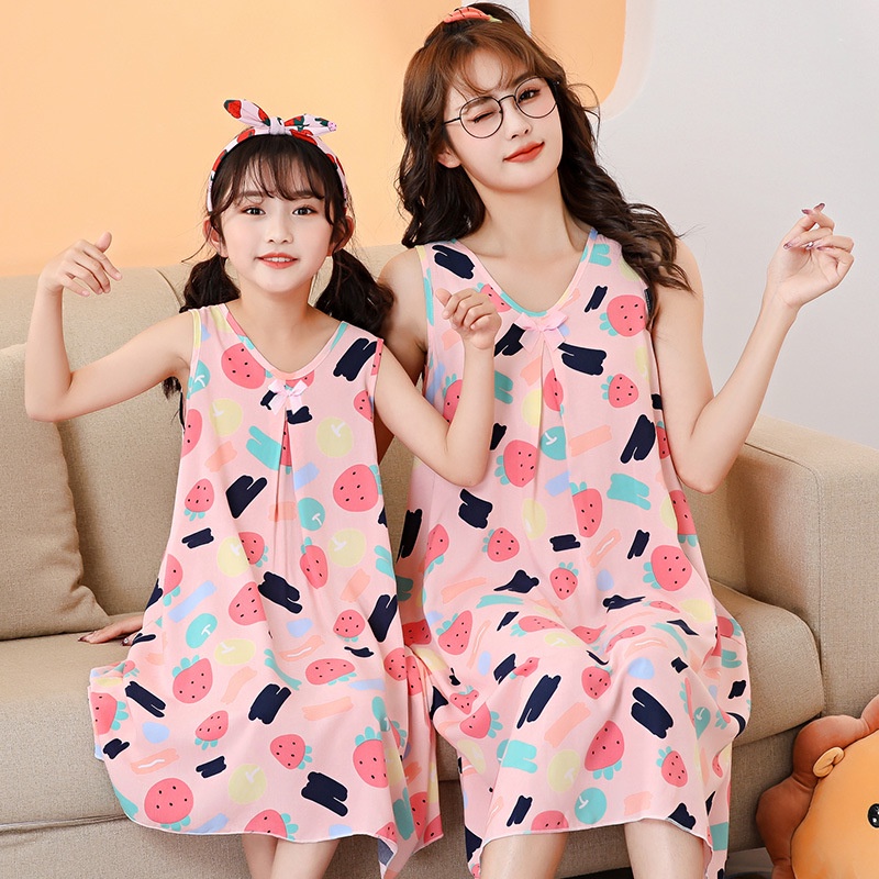 Đầm Dài Không Tay Họa Tiết Hoạt Hình Thoáng Khí Dành Cho Mẹ Và Bé Size 100-xl