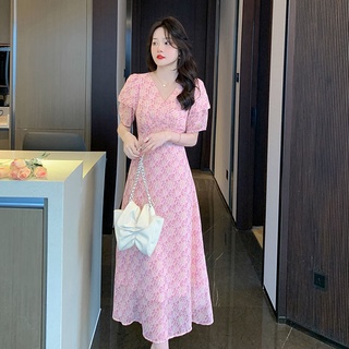 Đầm Chiffon Tay Ngắn Cổ Chữ V Họa Tiết Hoa Xinh Xắn