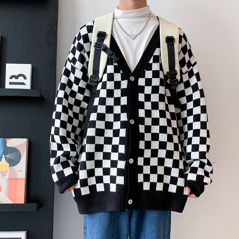 Áo khoác cardigan dệt kim cổ V phối nút in sọc caro phong cách thu đông thời trang Hàn Quốc năng động cho nam nữ