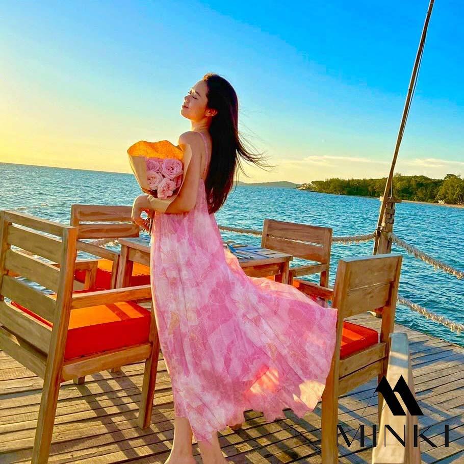 ĐẦM MAXI HOA VÂN DẬP LY - CHẤT LIỆU CAO CẤP - MÀU HỒNG TIỂU THƯ