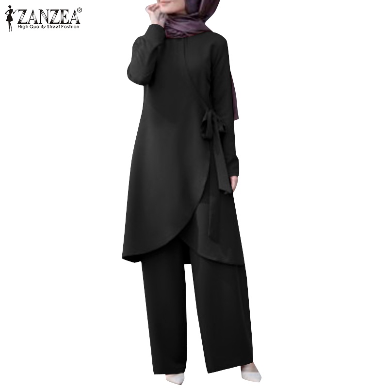 Bộ đồ hai mảnh Zanzea gồm áo tay dài và quần dài ống rộng màu trơn thiết kế đơn giản thời trang cho nữ