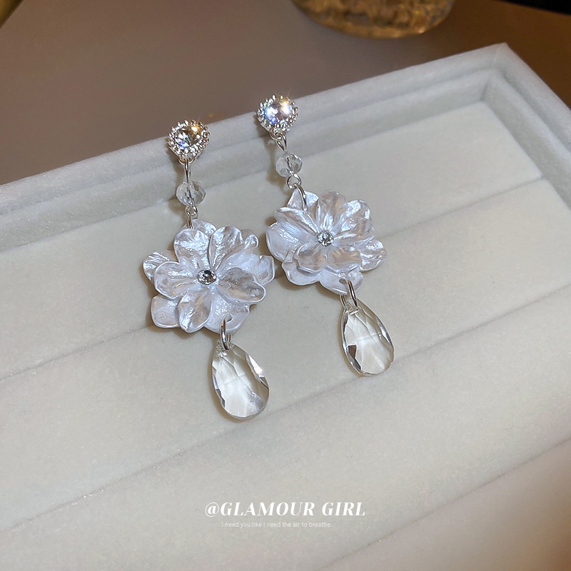 Bông Tai Mạ Bạc Dáng Dài Hình Hoa Trà Đính Kim Cương Giả Phong Cách Hàn Quốc