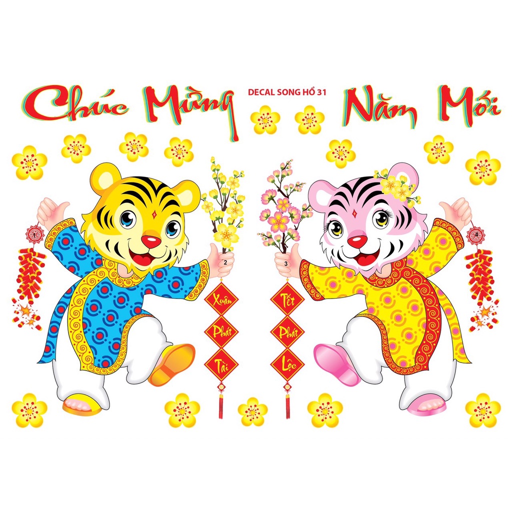 Decal trang trí tết họa tiết nổi Song hổ mẫu số 31