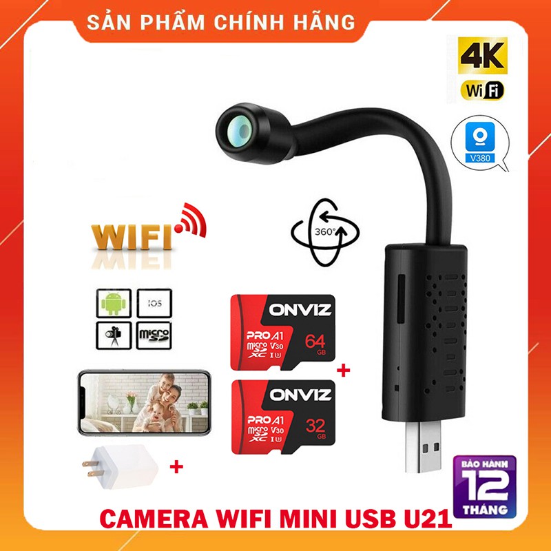 Camera WIFI Mi-ni U21 {4K}, góc siêu rộng, Siêu nét, APP V380 PRO/ Thẻ nhớ 64GB/ Thẻ nhớ 32GB