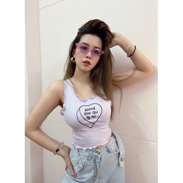 Áo croptop 3 lổ wash xoăn lai in trái tim vnxk