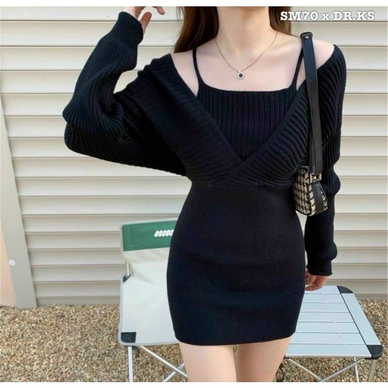 Đầm body tay dài ngực cổ V đắp chéo sang chảnh (A15