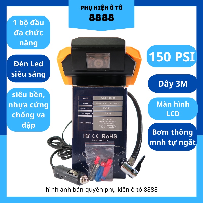 Bơm lốp xe ô tô 150PSI, 120W, màn hình LCD, tự động ngắt, có dây, đèn LED 2 trong 1, siêu bền, bơm siêu nhanh, +bộ đầu