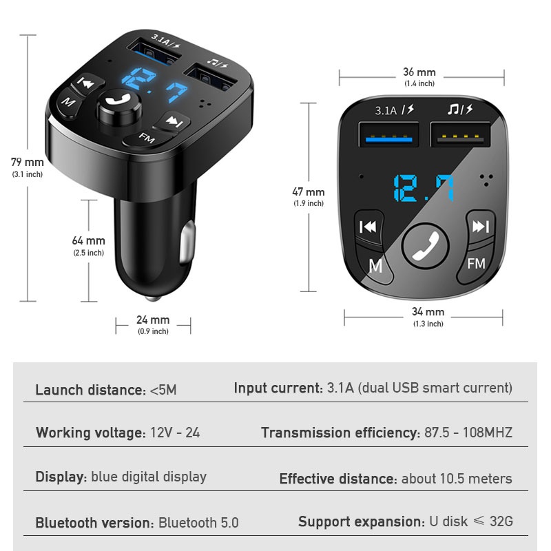 Máy nghe nhạc SEAMETAL MP3 đài FM Bluetooth 5.0 kiêm tẩu sạc QC 3.0 thích hợp cho điện thoại Android/iOS trên xe hơi